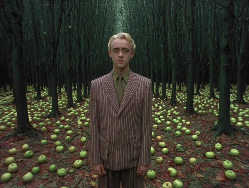 A young man in a pinstripe suit stands in a surreal forest.  The ground is covered in hundreds of green apples. The trees are dark and slender, creating a dense, somewhat ominous atmosphere. The overall image is stark and unsettling, suggesting a dreamlike or allegorical scene.  The man's expression is serious and neutral, adding to the mysterious mood.