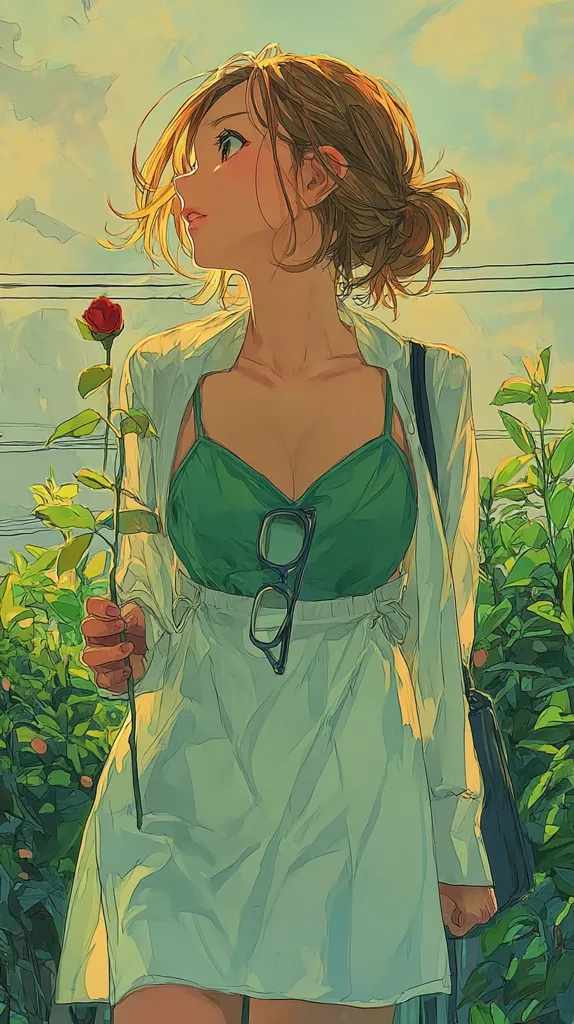 An anime-style illustration depicts a young woman with shoulder-length brown hair styled in a loose bun. She gazes upward, holding a single red rose.  She wears a light green dress over a white shirt, and carries a dark bag.  The setting suggests a warm, sunny day, with lush green foliage surrounding her.  Her expression is serene and slightly pensive.