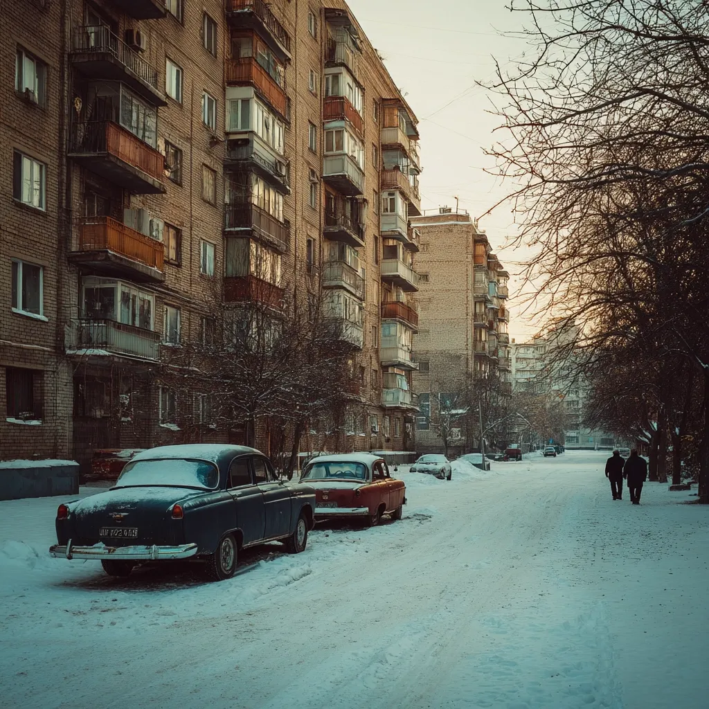 A snow-covered street scene in a Soviet-era residential area.  Two vintage cars, a dark blue and a maroon, are parked along the curb.  Tall apartment buildings with numerous balconies line the street. Bare winter trees frame the scene under a pale sky. Two figures walk in the distance, adding to the quiet, wintry atmosphere.  The overall feel is one of quiet solitude and nostalgic charm.
