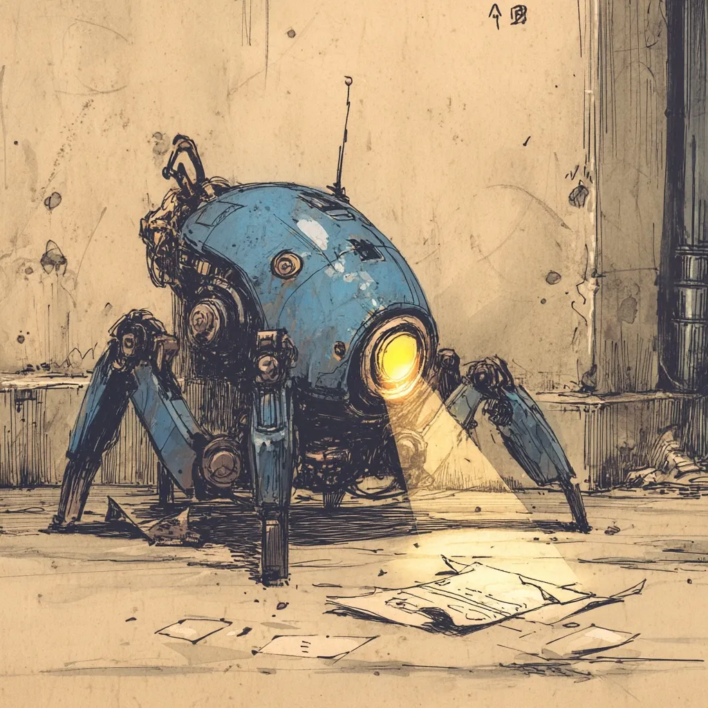 A weathered, blue robotic spider sits in a gritty alleyway, its single yellow eye illuminating scattered papers on the ground.  The robot's design is intricate, suggesting age and wear. The scene is rendered in a sketchy, almost impressionistic style, emphasizing texture and atmosphere. The overall mood is one of quiet observation and perhaps investigation.