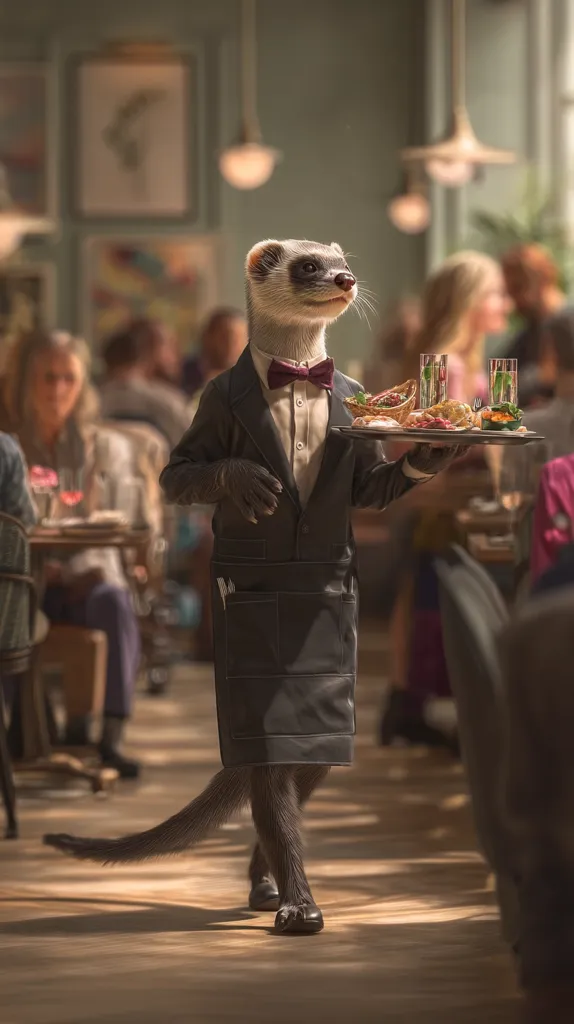 A ferret, dressed in a waiter's uniform, including a tuxedo and apron, carries a tray of food and drinks through a busy restaurant.  The scene is warmly lit, showcasing the ferret's serious and professional demeanor amidst a blurred background of dining patrons. The overall image is humorous yet sophisticated.