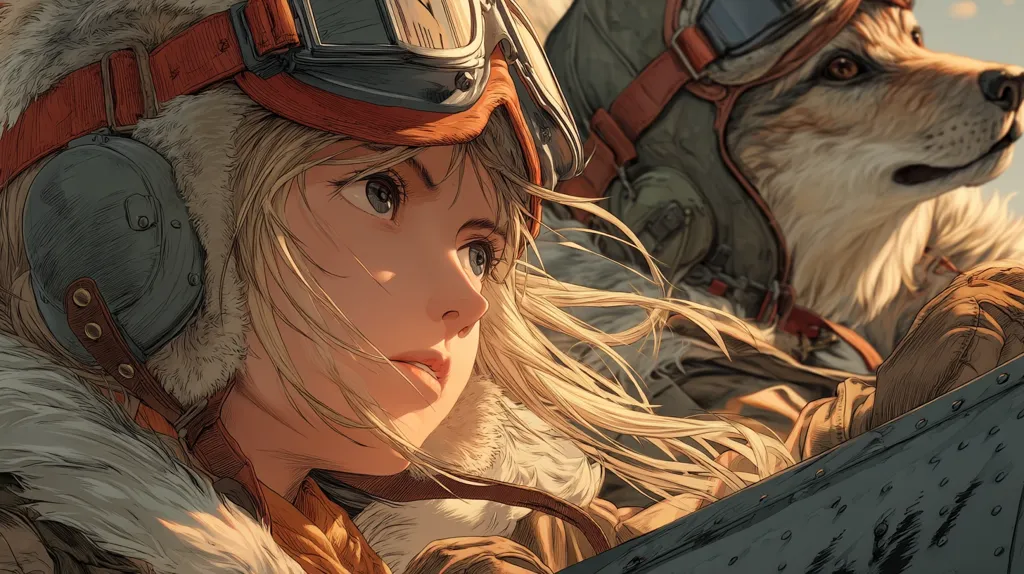 A captivating illustration showcases a young woman with blonde hair, wearing a vintage aviator helmet and goggles.  Beside her sits a wolf, similarly equipped with a helmet.  Both appear to be in an aircraft, a portion of which is visible in the bottom right. The style is reminiscent of anime, with detailed rendering and a warm, nostalgic color palette.  The overall mood is one of adventure and companionship.