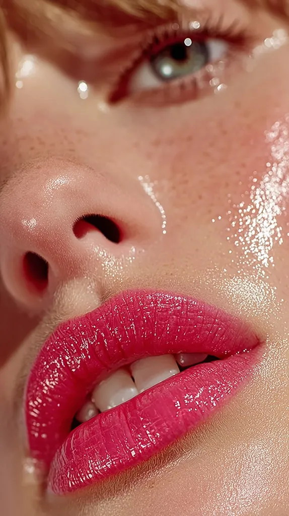 Close-up of a woman's face, showcasing dewy skin with freckles and a vibrant pink glossy lipstick.  Her eye, partially visible, is striking with a light-colored iris.  The overall aesthetic is radiant and healthy, emphasizing natural beauty with a pop of color on the lips.  The image is sharply focused on the mouth and surrounding areas.