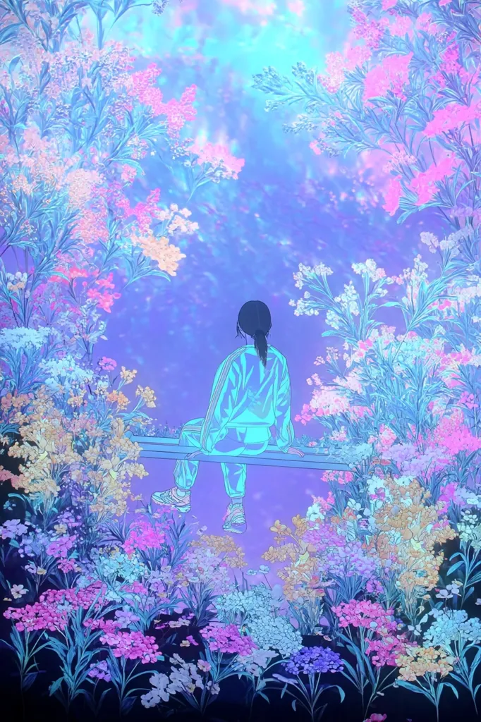 A lone figure, dressed in a teal tracksuit, sits on a bench surrounded by vibrant, pastel-colored flowers. The scene is dreamlike, with a soft, ethereal glow emanating from the flowers and the background. The colors are predominantly blues, purples, and pinks, creating a serene and magical atmosphere. The artwork evokes a sense of peace and contemplation.
