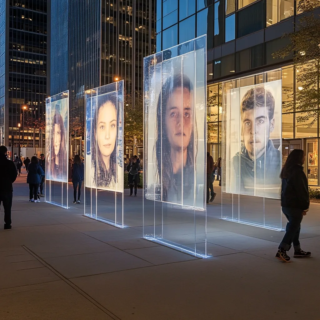 Large illuminated glass panels display portraits of young adults outdoors at night.  The panels are arranged in a row, creating an art installation in a city plaza setting.  Pedestrians walk past, observing the artwork. The images are translucent, allowing some background light to show through, adding to the overall ambiance. The scene is modern and serene.