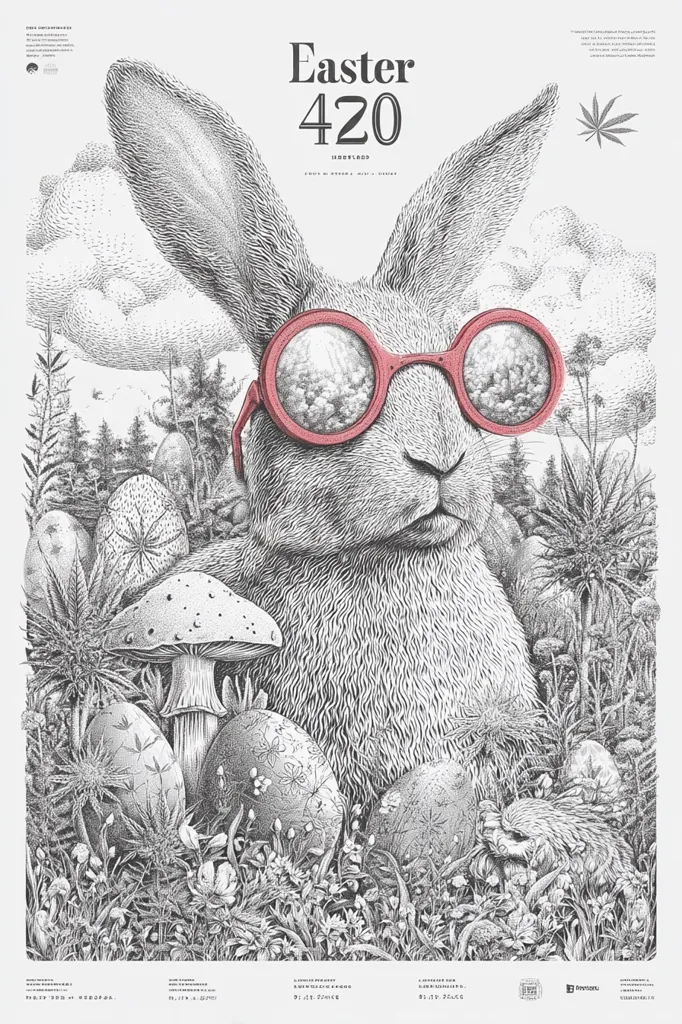 A detailed pen-and-ink illustration depicts a rabbit wearing round, pink glasses.  The rabbit sits amidst a whimsical Easter scene featuring intricately drawn mushrooms, decorated eggs, and lush foliage. The title "Easter 420" is prominently displayed, suggesting a cannabis-themed Easter celebration. The artwork is highly stylized, with a focus on texture and fine detail.  A small marijuana leaf is subtly included in the corner.