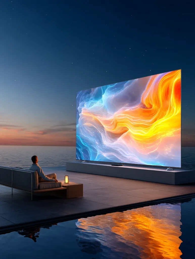 A man relaxes on a patio couch beside an infinity pool, enjoying a breathtaking sunset and a massive, vibrant television displaying an abstract artwork of swirling blues and oranges. The scene evokes a sense of luxury and tranquility, highlighting the immersive viewing experience offered by the large screen. The reflection of the screen and the sky shimmer on the water's surface.
