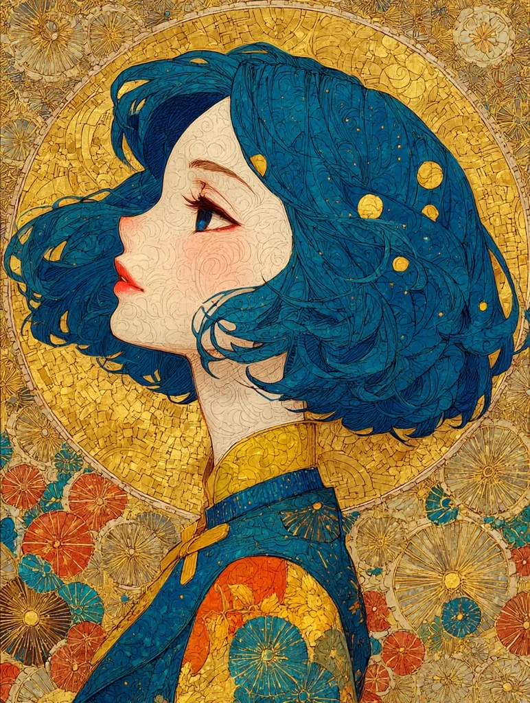 The artwork depicts a young woman with vibrant blue hair styled in a bob.  Her profile is showcased against a backdrop of intricate, golden mosaic patterns resembling floral designs and celestial bodies. The style is reminiscent of Art Nouveau and features detailed linework and rich colors.  She wears a dark blue and gold patterned garment. The overall effect is one of elegance and ethereal beauty.