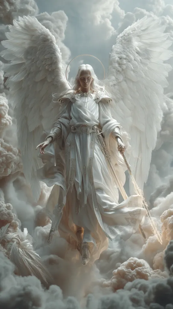 A celestial being, possibly an angel, with large, white wings floats amidst clouds.  Dressed in flowing white robes and ornate armor, the figure holds a staff or scepter.  Pale skin and long, white hair accentuate the ethereal beauty.  The overall image evokes a sense of serenity and divine power.  A halo encircles the angel's head, enhancing the holy aura.