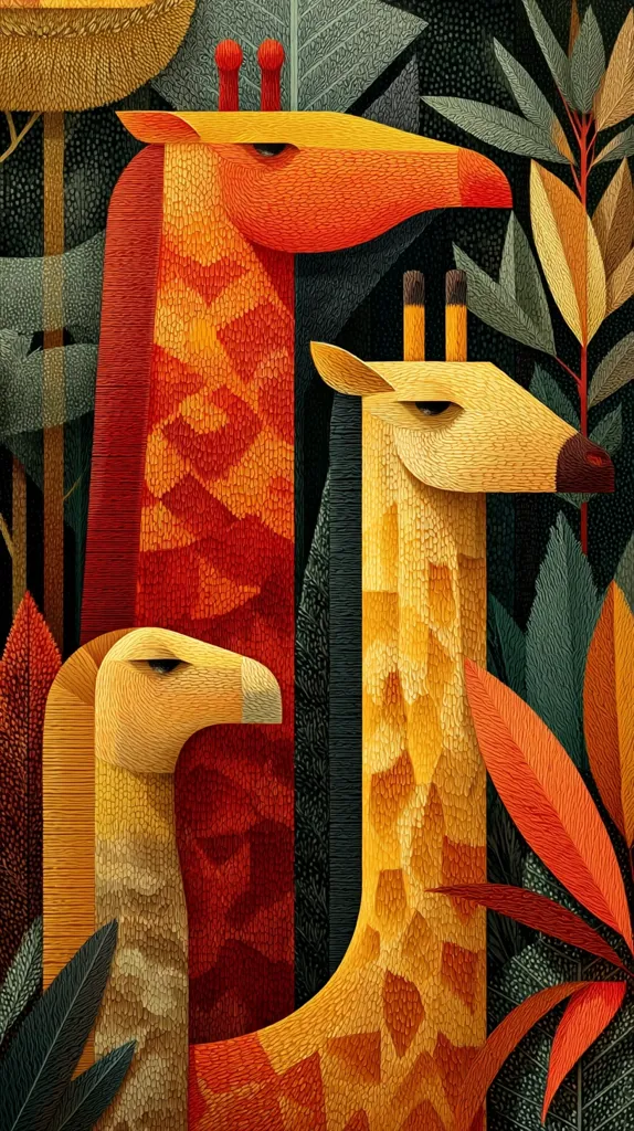 A stylized artwork depicts three animals amidst lush foliage.  Two giraffes, one orange and one yellow-gold, stand prominently, their bodies rendered in textured blocks of color. A smaller, camel-like creature is positioned at the base, echoing the geometric patterns of the giraffes.  The background is a rich tapestry of dark greens and oranges, suggesting a dense forest environment.  The overall style is bold and graphic, with a focus on strong shapes and color contrasts.