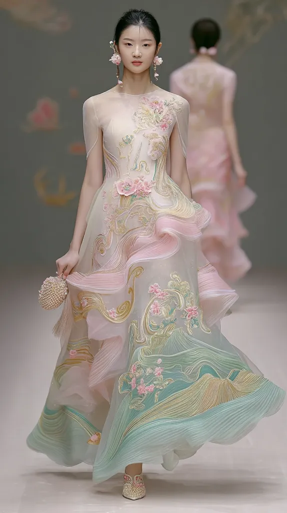 A model gracefully showcases a pastel-hued gown.  The ethereal dress features intricate floral embroidery and flowing layers of sheer fabric in pink and mint green, creating a dreamy, romantic aesthetic.  Delicate gold accents highlight the design, adding a touch of elegance. The model's earrings complement the gown's soft color palette.  The overall effect is one of sophisticated beauty and whimsical charm.