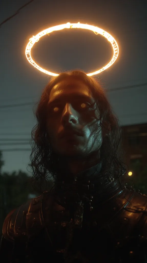 A dark, dramatic close-up of a person with long dark hair, wearing dark armor.  A glowing orange halo encircles their head, contrasting with their pale, almost ghostly face and intense eyes. The nighttime setting adds to the mysterious and somewhat unsettling atmosphere. The image evokes a sense of the supernatural or fantasy.