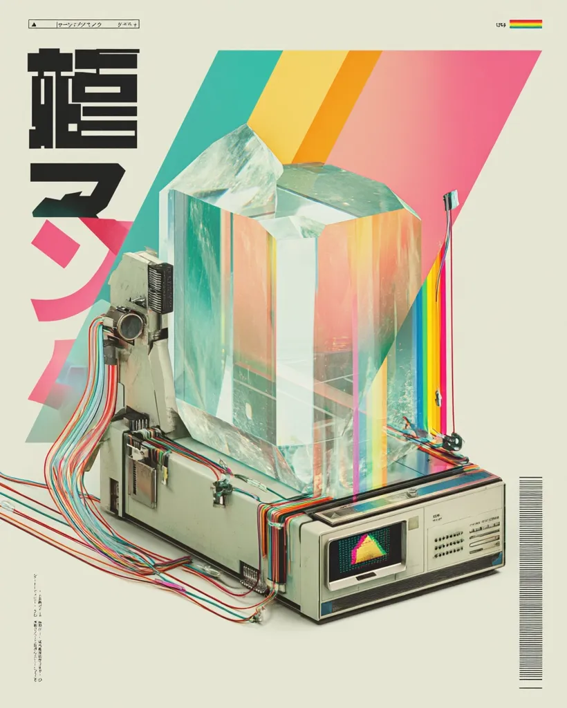 A retro-futuristic illustration features a large, transparent crystal prism at its center, connected to a vintage-style computer system with numerous colorful wires. The design incorporates vibrant, geometric shapes in a rainbow palette against a beige backdrop.  Japanese text is prominently displayed, adding to the artwork's unique aesthetic. The overall style blends elements of 1980s technology with modern digital art.