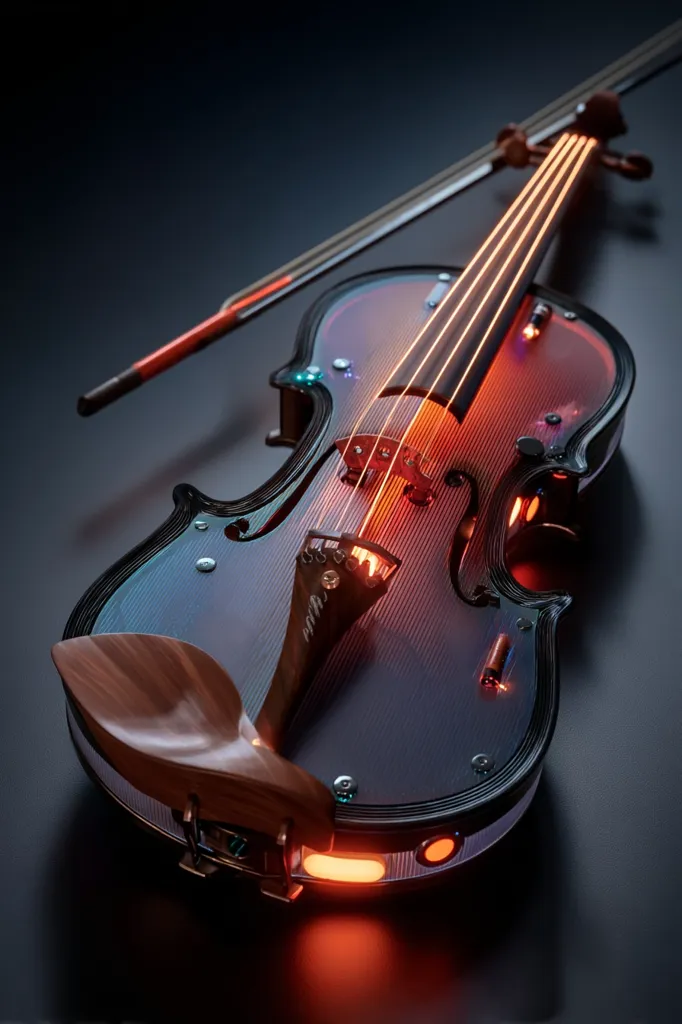 A futuristic violin with glowing strings and body rests on a dark surface.  The instrument's sleek, dark design is accented by warm orange lights emanating from its edges and bridge. A matching bow lies alongside. The violin appears to be crafted from a unique, possibly composite, material with a subtle iridescent sheen.  The overall aesthetic blends classic musical instrument design with modern technology.