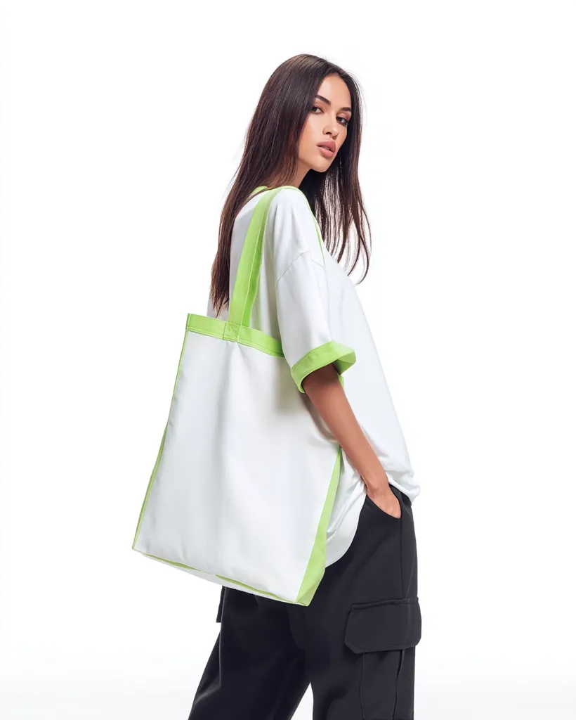 A stylish young woman with long dark hair is seen from behind, carrying a large white tote bag with light green trim.  She's wearing a white oversized t-shirt with green detailing at the sleeves and black cargo pants. Her pose is relaxed yet confident, showcasing the bag and her outfit against a clean white background.