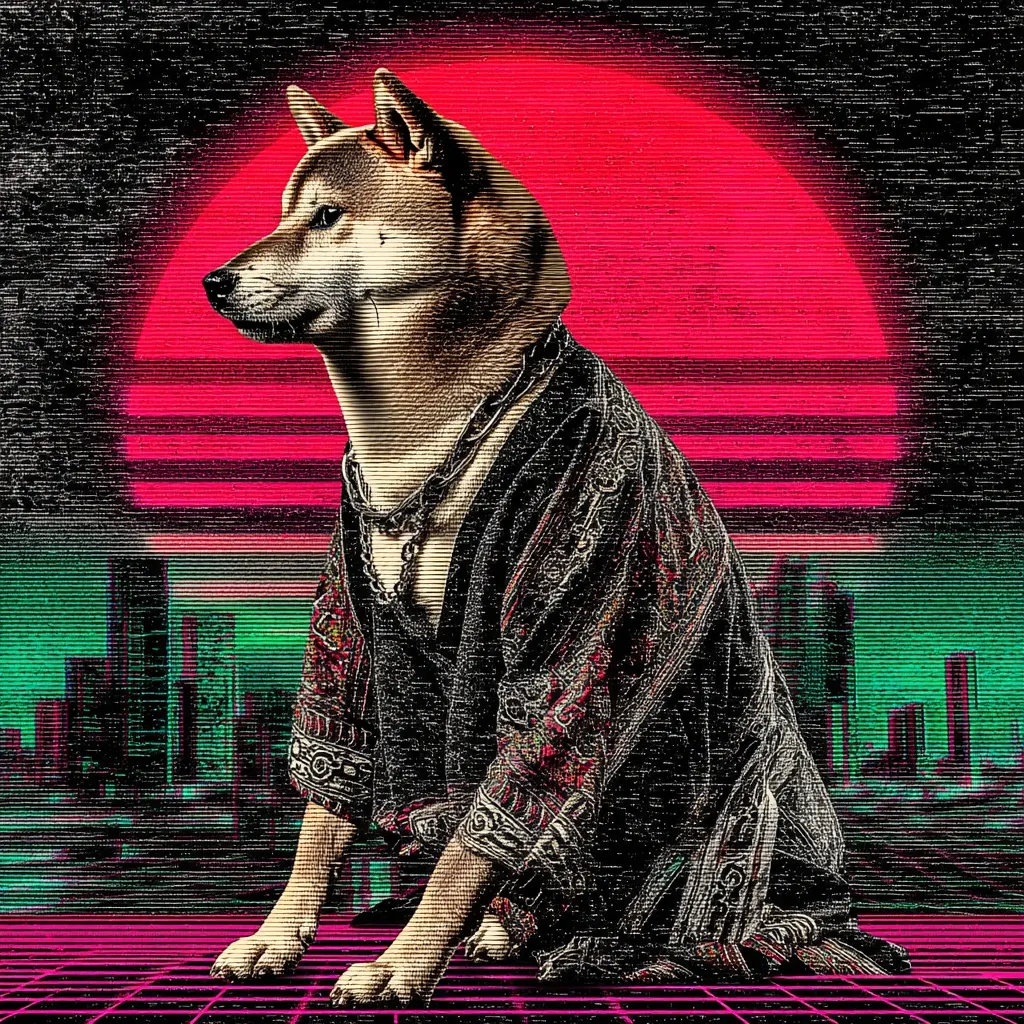 A Shiba Inu dog, adorned in a dark patterned kimono and a silver chain necklace, sits majestically against a vibrant 80s-inspired backdrop.  A stylized, glitch-effect cityscape and a bright pink and red sunset create a retro-futuristic aesthetic. The dog's posture is calm and composed, adding to the image's overall cool and sophisticated vibe.