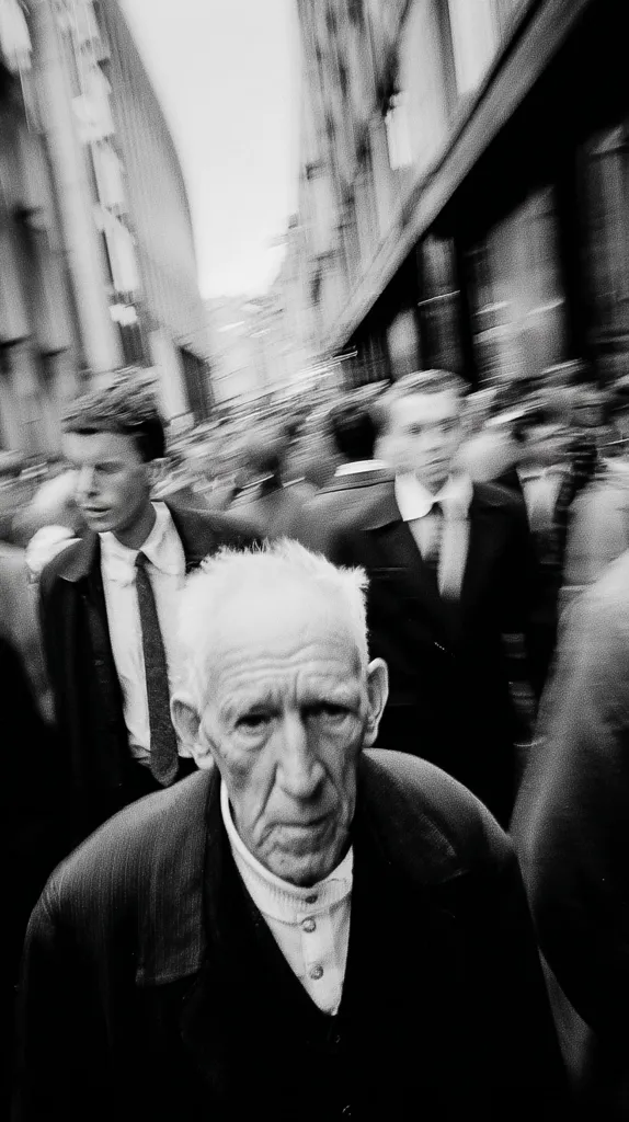 A black and white photograph captures an elderly man in the center, sharply in focus, against a blurred backdrop of a bustling city street.  He's dressed in a dark jacket and a lighter collared shirt.  Behind him, figures in suits and other clothing are rendered in motion blur, emphasizing the contrast between the stillness of the old man and the dynamism of his urban surroundings. The image conveys a sense of isolation amidst the crowd.