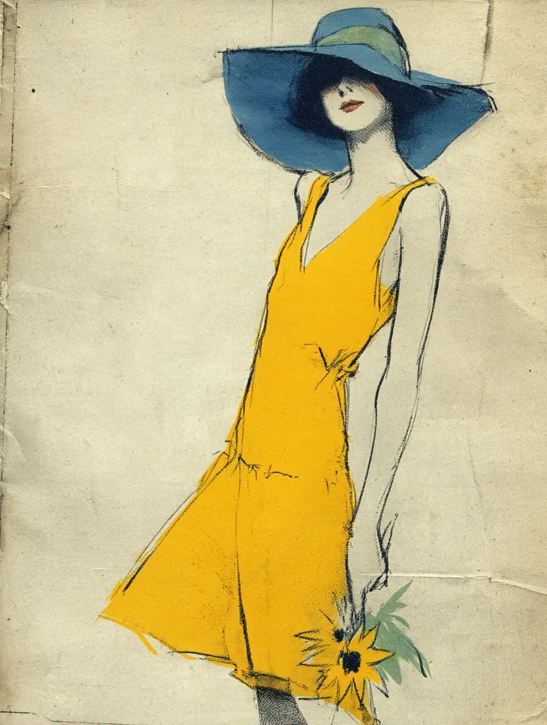 A stylish woman in a vibrant yellow dress and a large blue sunhat is depicted in a sketched illustration. The artistic style is reminiscent of vintage fashion illustrations, with loose, expressive lines and muted color tones on a textured background. She holds a single sunflower, adding a touch of warmth and nature to the scene.  The overall impression is one of elegance and summery charm.
