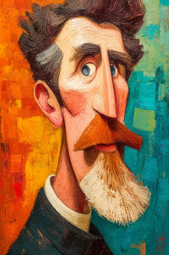 A stylized portrait of a man with dark hair, a prominent nose, and a goatee. His expression is serious, his eyes are striking. The painting uses bold strokes of orange, teal, and dark colors, creating a textured effect reminiscent of impasto.  The background is a blend of abstract shapes, complementing the subject's exaggerated features in a cartoonish yet artistic way. The overall style is expressive and bold.