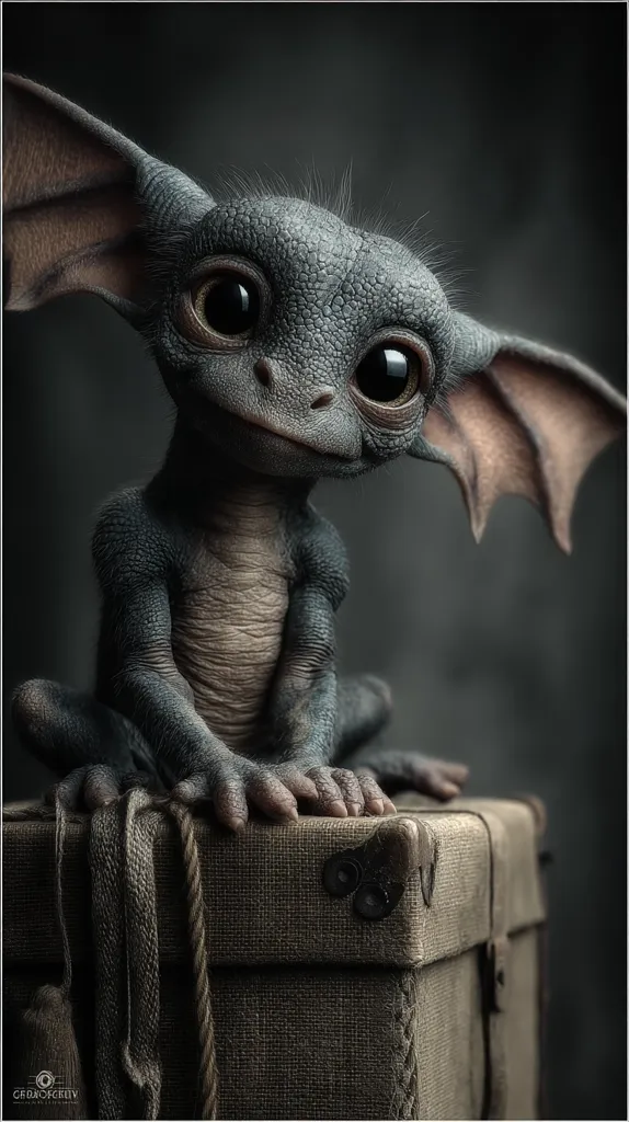 A digitally rendered creature, resembling a small, grey gremlin with large, expressive eyes and bat-like ears, sits atop a worn, burlap suitcase.  Its pose is endearing, and its features are meticulously detailed, giving it a lifelike quality. The dark background accentuates the creature's soft fur and captivating gaze. The overall image evokes a sense of fantasy and whimsy.