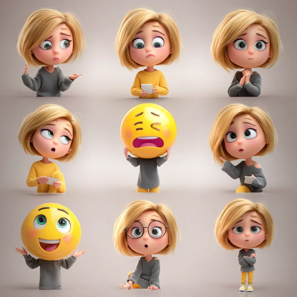 Nine 3D renderings depict a cute, blonde bob-haired girl in various poses and expressions.  She interacts with emojis representing different emotions, including confused, sad, and happy.  The girl's expressions mirror the emojis, showcasing a range of moods from uncertainty to joy and concern. The style is playful and cartoonish.