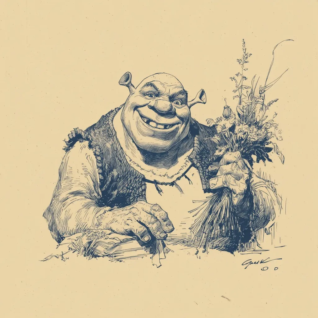 A detailed pen-and-ink drawing of Shrek, the titular ogre from the Dreamworks film series. He's depicted with a broad, contented smile, holding a bouquet of wildflowers.  The style is reminiscent of classic illustration, with heavy shading and texture emphasizing his rugged features and the rustic quality of the flowers.  The overall tone is warm and slightly whimsical.