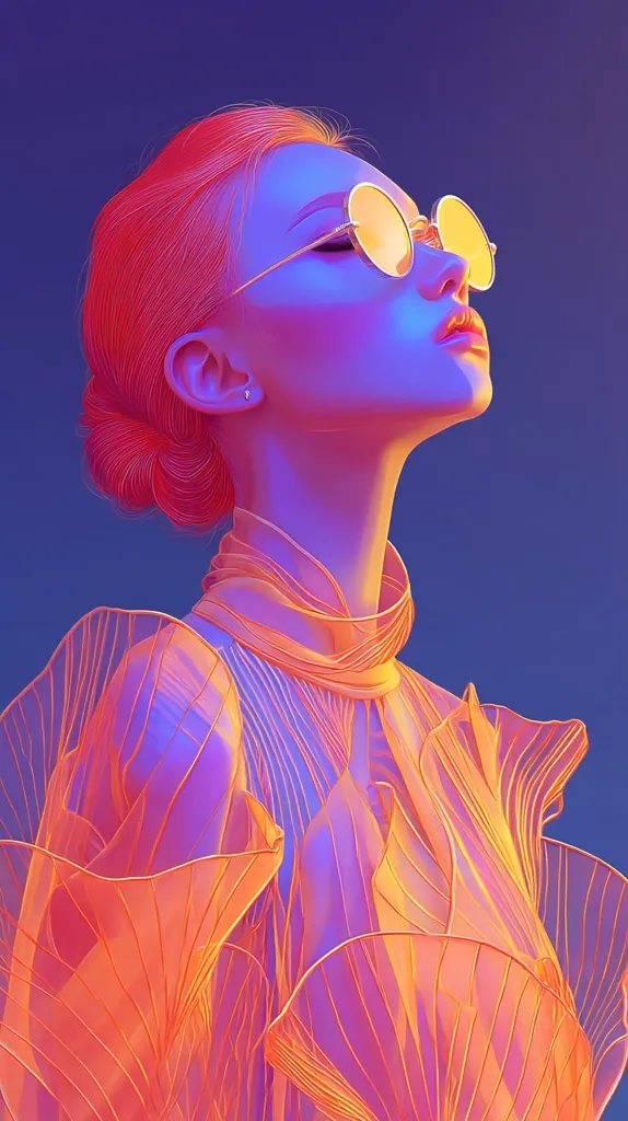 A stylized portrait of a woman with vibrant orange hair and a translucent, ruffled orange dress.  She wears round, gold-rimmed sunglasses and her head is tilted back, eyes closed. The image is digitally created, with strong neon lighting creating a surreal and colorful atmosphere.  The overall effect is one of dreamy, otherworldly beauty.