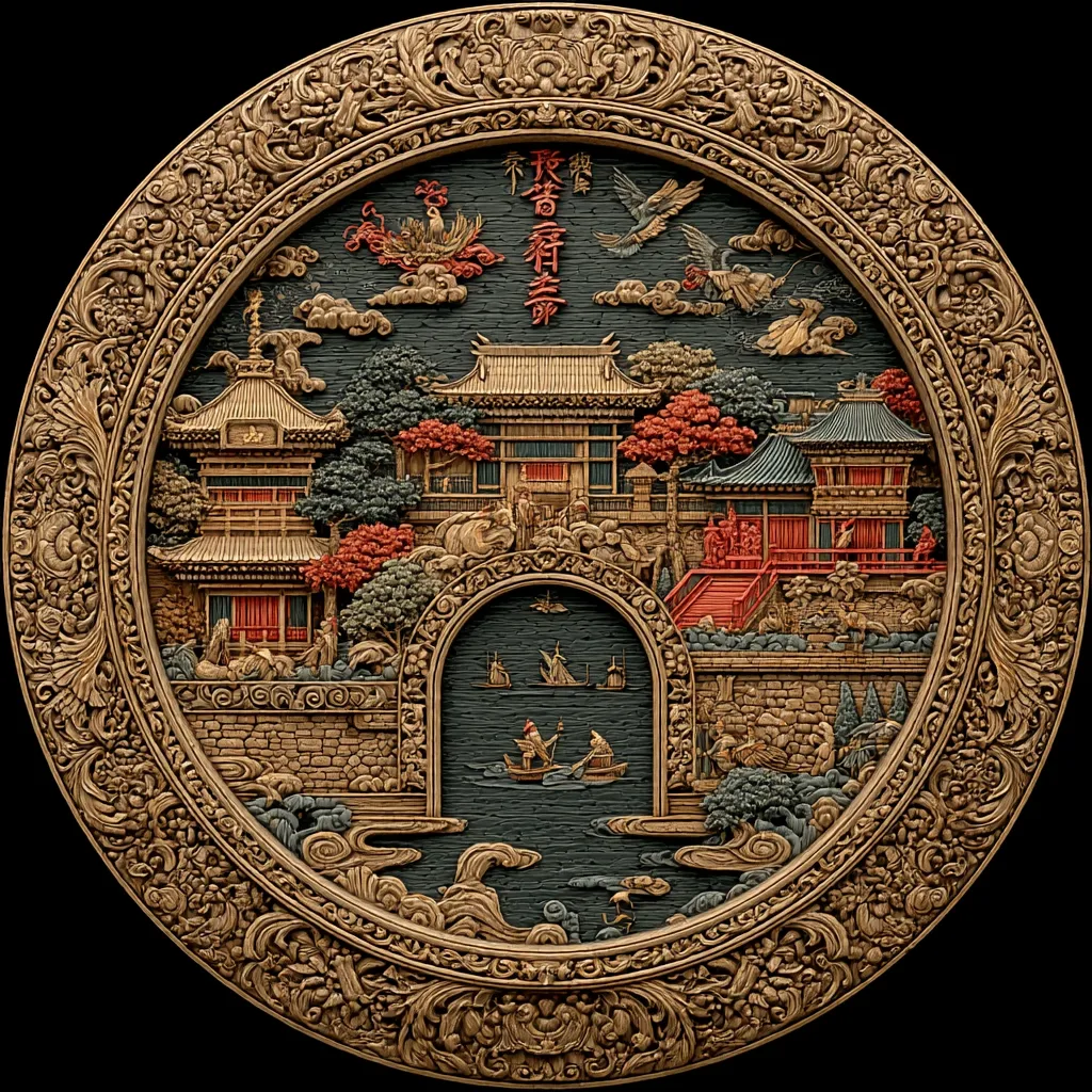 A circular, intricately carved wooden plaque depicts a serene Chinese landscape.  The central scene shows a tranquil waterway with boats, framed by an arched gateway leading to ornate buildings and lush gardens.  Red-roofed pagodas and pavilions are surrounded by meticulously detailed trees and figures.  The plaque's ornate border features elaborate floral and scrollwork.  Chinese characters are visible at the top, adding to its artistic and cultural significance.