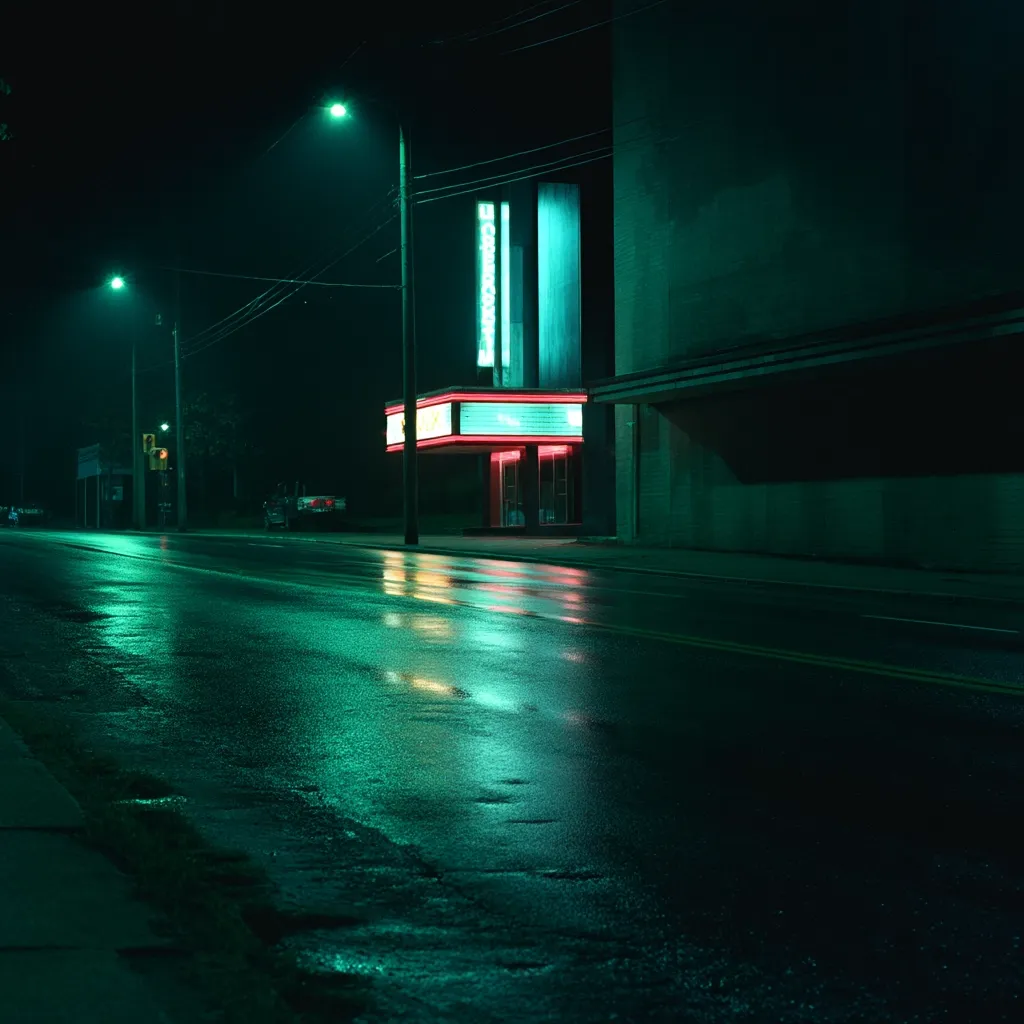 A deserted street at night, glistening with rain.  A lone cinema, its neon sign a vibrant contrast to the dark surroundings, stands across the wet road. Streetlights cast a teal glow, reflecting in the puddles. The scene evokes a sense of quiet solitude and urban stillness.  The overall atmosphere is moody and atmospheric.
