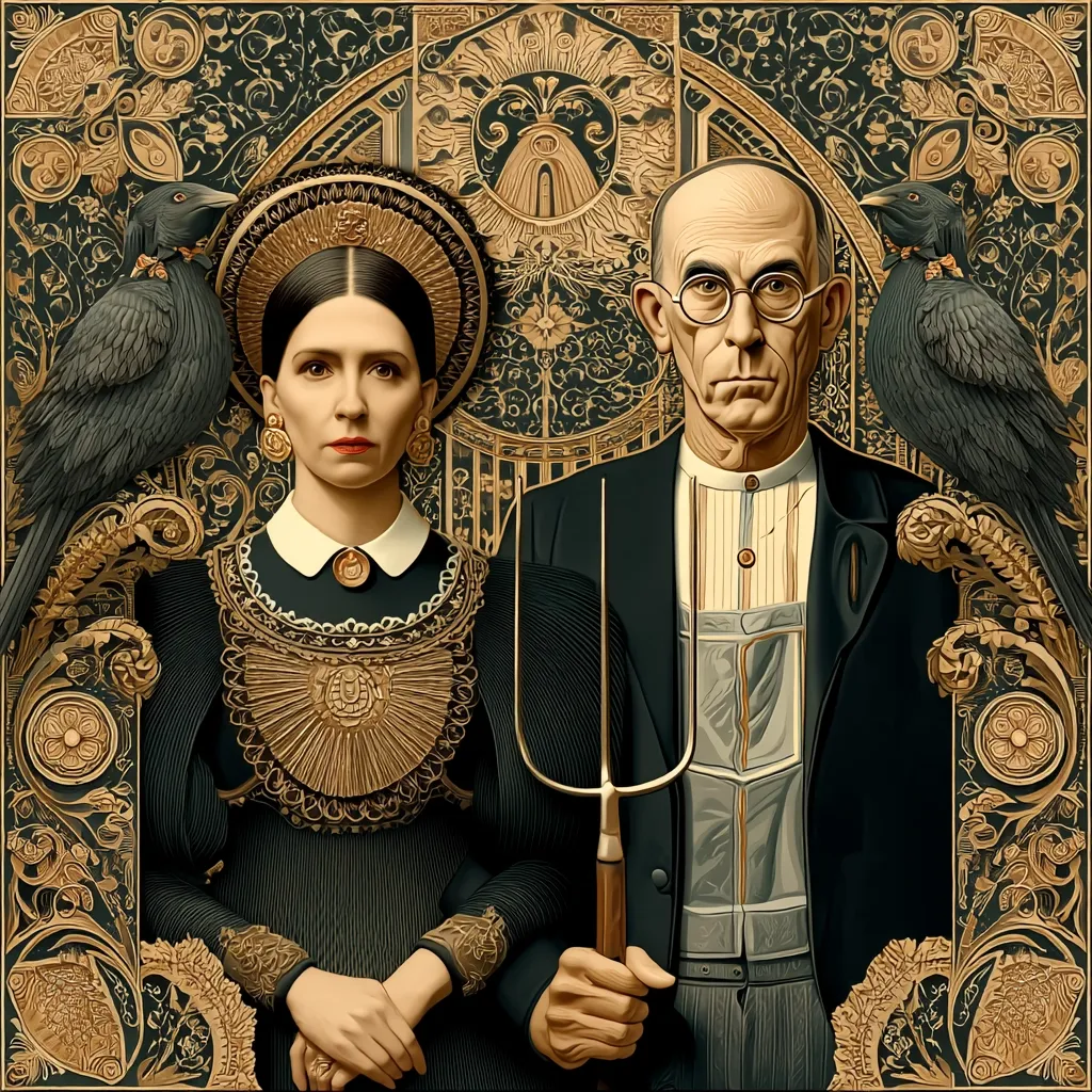 A stylized portrait reminiscent of Grant Wood's "American Gothic," features a woman and a man, dressed in dark, ornate clothing.  She wears a gold headdress, he holds a pitchfork.  Two ravens flank them, adding a gothic touch.  The intricate, gold-accented background evokes a sense of mystery and possibly a dark, fantastical setting.  The overall aesthetic is both elegant and ominous.
