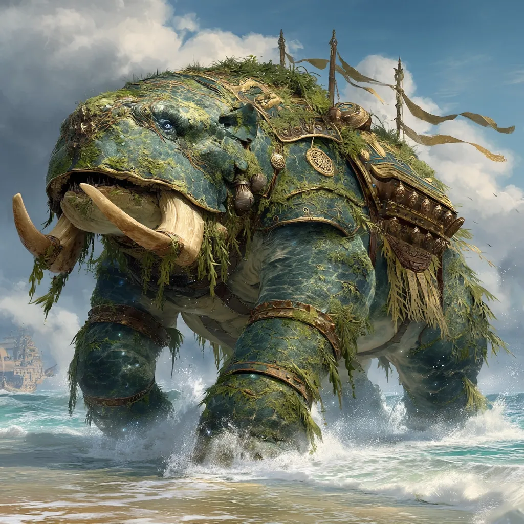 A colossal, elephantine creature, covered in moss and adorned with ornate golden armor, emerges from the ocean.  Its massive legs churn the water as it walks ashore.  Flags wave from its back, suggesting a regal or ceremonial status.  A distant sailing ship hints at a vast, adventurous world. The creature's stone-like hide and serene expression blend power with tranquility.