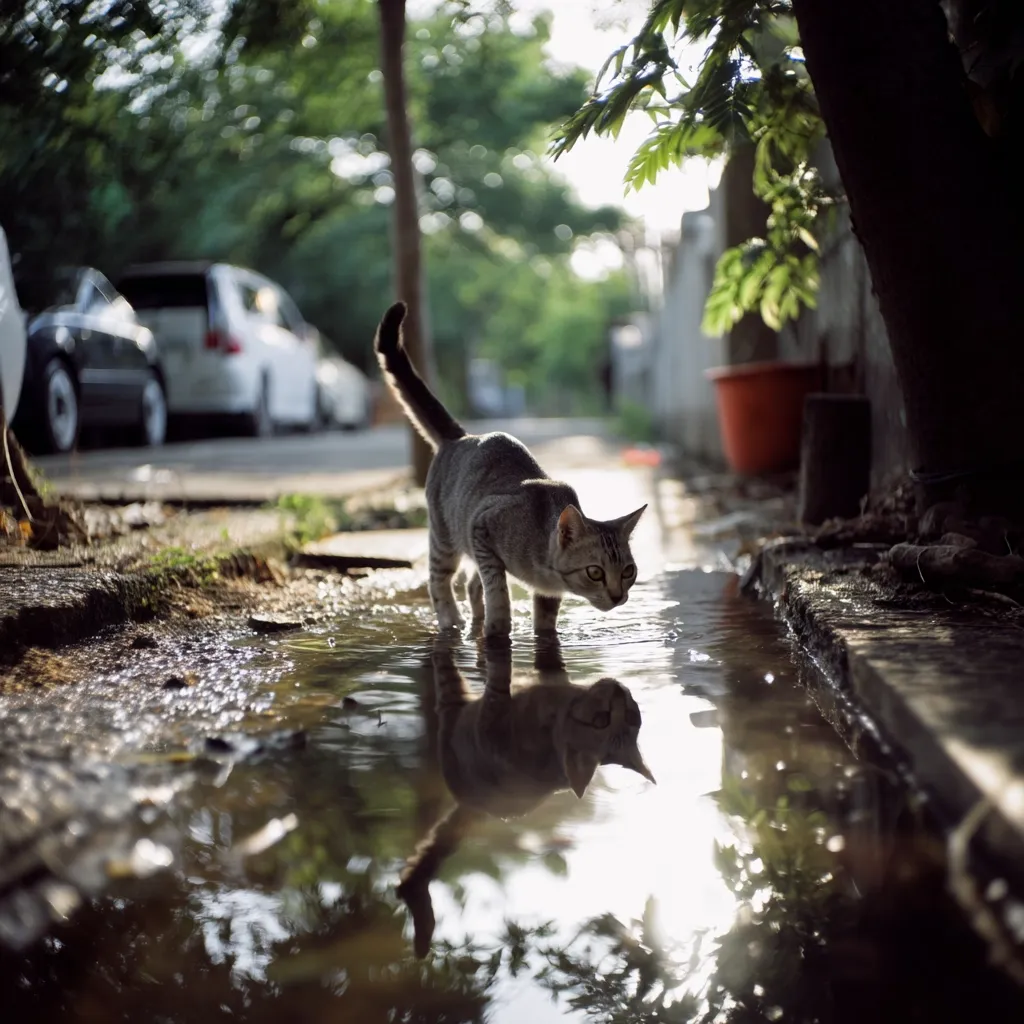 A tabby cat stands in a puddle beside a curb, its reflection mirrored in the water.  Cars are parked in the background along a quiet street lined with trees. Sunlight filters through the leaves, creating a dappled light effect. The scene is peaceful and evokes a sense of calm. The cat appears curious, gazing intently at its reflection.