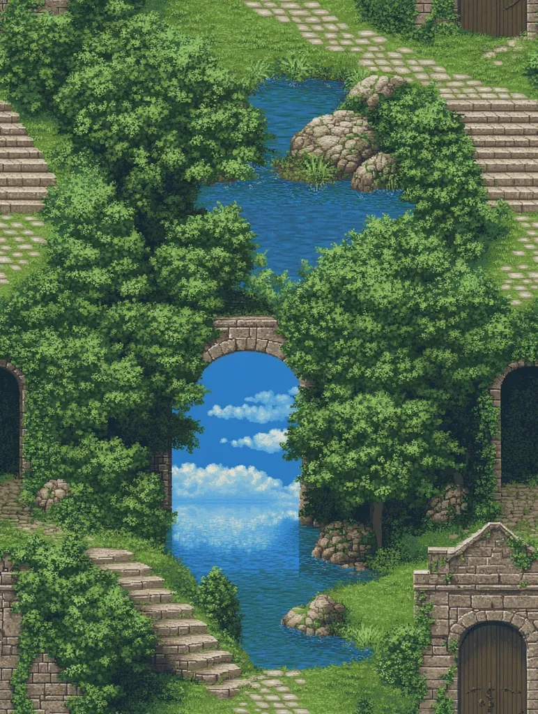 A pixel art landscape depicts a serene scene. Stone staircases wind through lush greenery, leading to an arched gateway. Beyond the arch, a tranquil blue sea under a bright sky is visible.  Small ponds and rock formations are interspersed within the foliage, creating a mystical and peaceful atmosphere.  Stone structures flank the scene, adding to the enchanting ambiance.