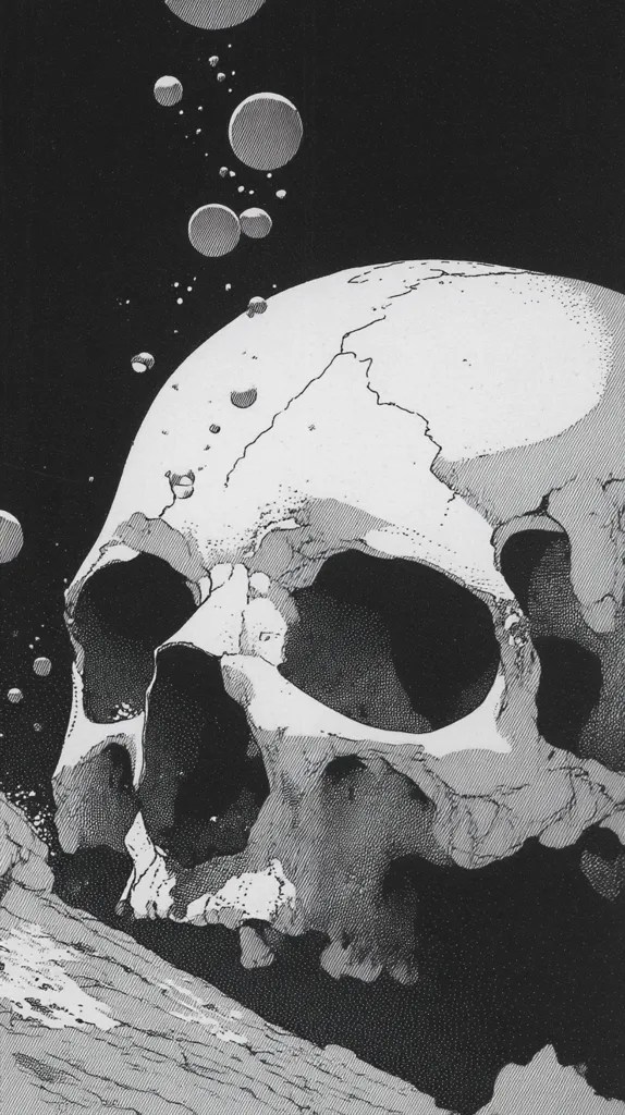 A detailed black and white illustration depicts a human skull partially submerged, seemingly underwater.  Bubbles rise from below, creating a sense of depth and mystery. The skull is rendered with intricate shading, highlighting its texture and bone structure. A piece of what looks like driftwood or rock is visible in the bottom left corner, further enhancing the aquatic setting. The overall mood is dark and evocative.