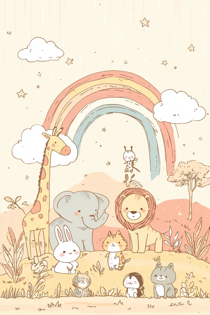 A pastel-colored illustration features a whimsical scene with a rainbow arching over a group of adorable cartoon animals.  A giraffe, elephant, lion, rabbit, and several smaller cats and a penguin are gathered together in a grassy landscape dotted with simple trees and clouds.  Stars and small details add to the charming and childlike aesthetic. The overall style is sweet and gentle.