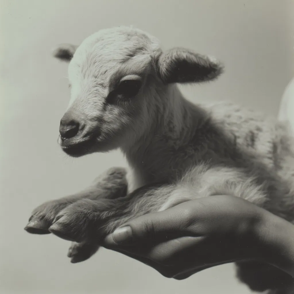A newborn lamb, light in color and fluffy, rests gently in a person's hands.  Its small legs are folded beneath it, and its eyes are dark and expressive.  The monochrome photograph emphasizes the lamb's delicate features and the gentle care it receives. The contrast between the lamb's soft fur and the human hand creates a poignant image.