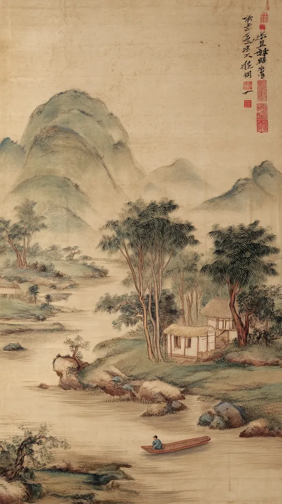 A serene landscape painting depicts a tranquil river flowing through a picturesque valley.  Rolling hills rise in the background, softened by atmospheric perspective.  Trees line the riverbanks, their branches reaching towards a simple house nestled amongst the foliage. A lone figure in a small boat adds a sense of peace and solitude to the scene. The overall style evokes a sense of calm and harmony with nature.