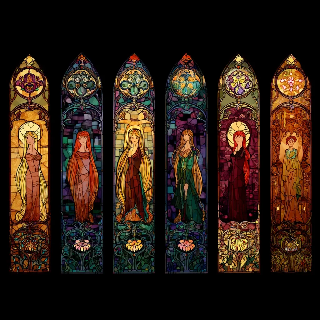 A stunning series of six stained-glass panels depicts elegant, long-haired women in flowing gowns.  Each panel showcases a unique color palette and design, evoking a sense of medieval artistry.  The women stand within ornate frames, featuring floral motifs and symbolic elements, creating a cohesive and visually captivating artwork. The dark background accentuates the vibrant colors of the glass.