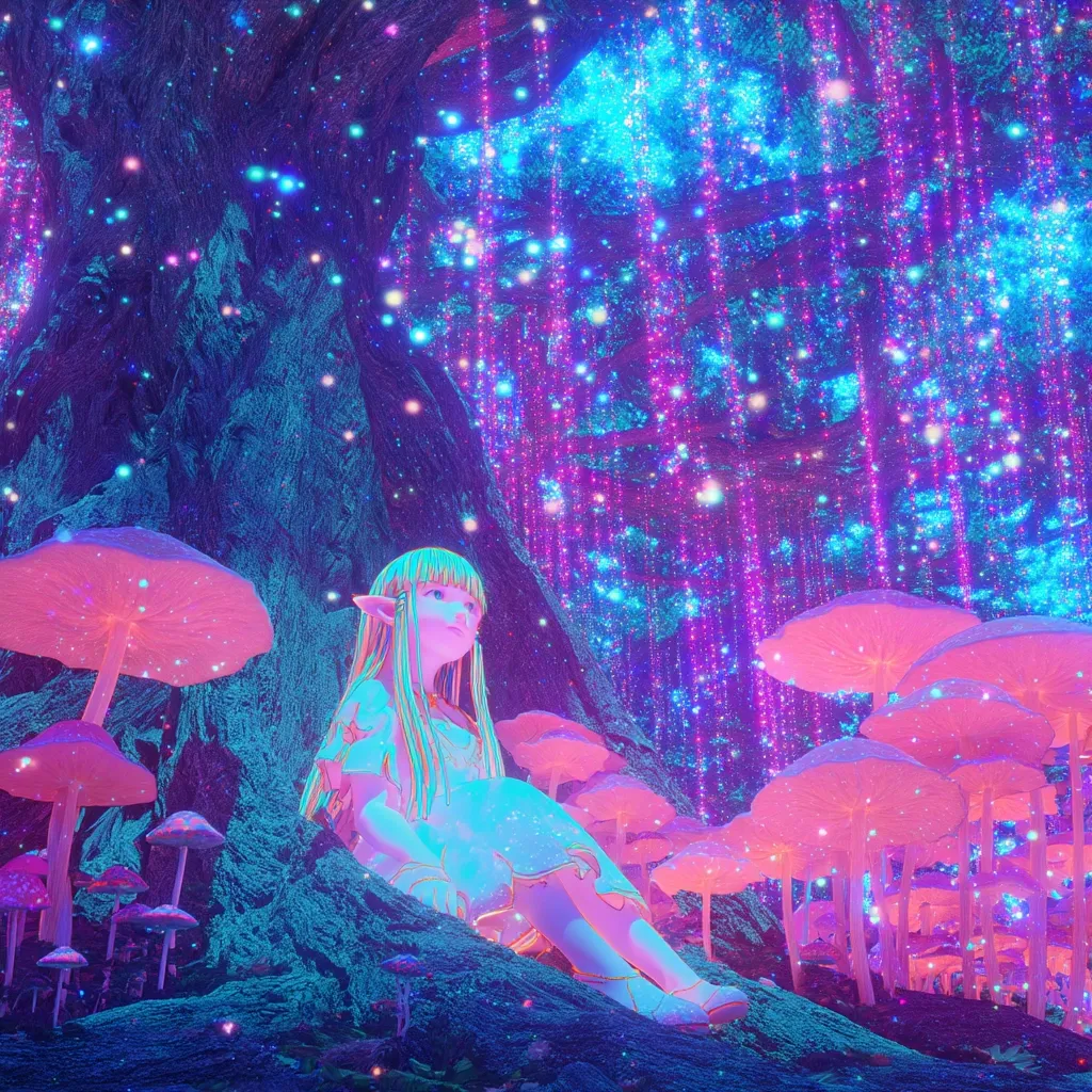 A digital illustration depicts a serene elf-like girl with long blonde hair seated beneath a luminous tree in a vibrant, fantastical forest.  Glowing pink and purple lights cascade from above, illuminating bioluminescent mushrooms scattered across the forest floor. The scene is dreamlike and ethereal, with a focus on soft, pastel colours and otherworldly details. The overall mood is peaceful and magical.