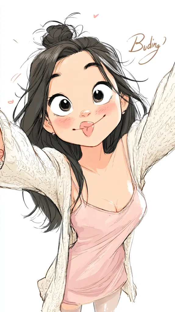 A stylized illustration of a young woman taking a selfie.  She has large, expressive eyes, rosy cheeks, and her tongue is playfully sticking out. Her dark hair is pulled up in a messy bun. She wears a light pink camisole and a cream-colored cardigan. The style is reminiscent of anime or manga, with soft lines and a focus on expressive features. The artist's signature "Buding" is visible in the corner.