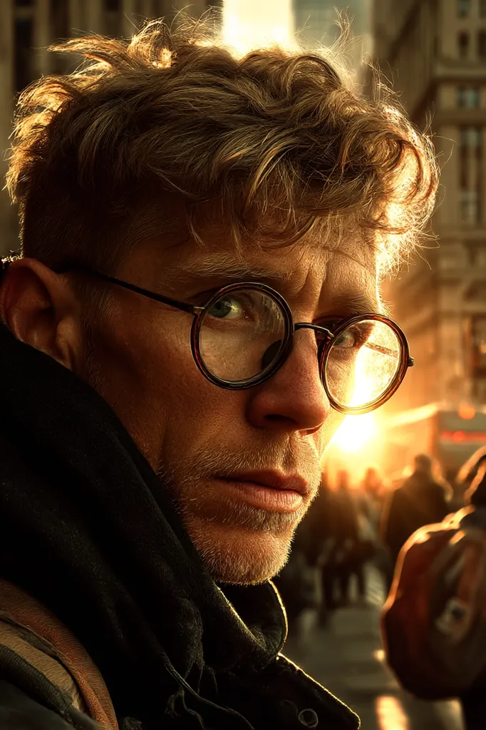 Close-up portrait of a man with light brown, wavy hair and round glasses.  The setting sun casts a warm glow on his face, highlighting his features. He's wearing a dark hooded jacket.  The background is blurred, showing a city street scene at sunset with indistinct figures.  His expression is serious and contemplative.