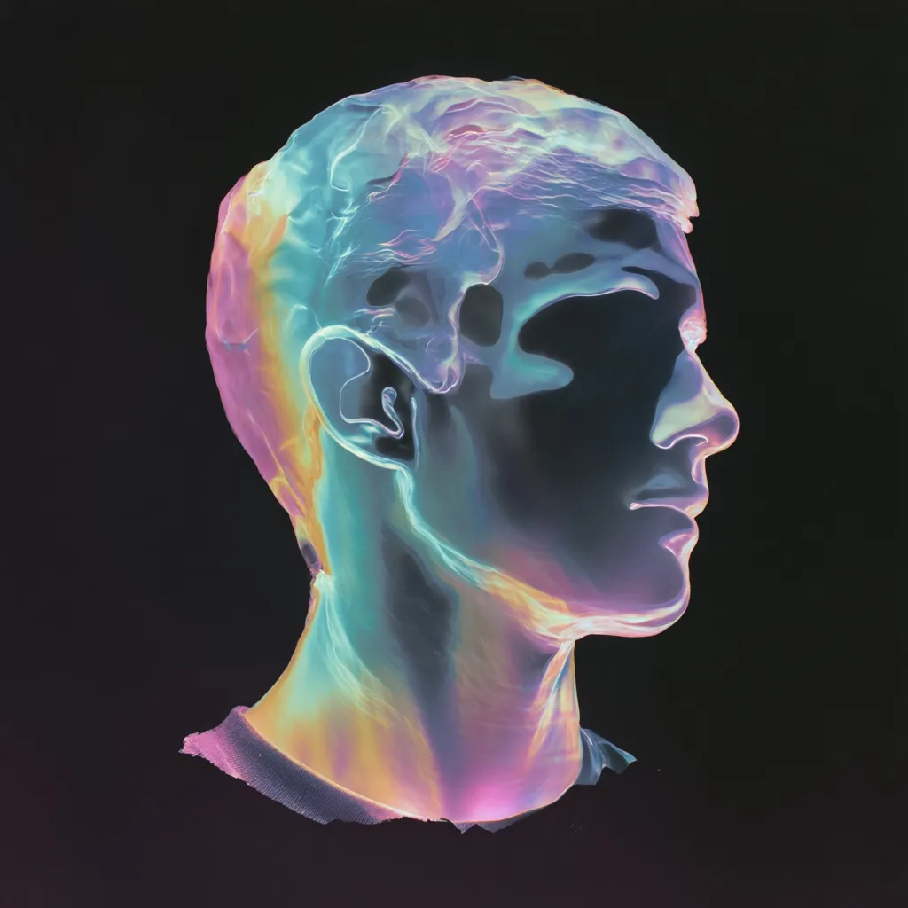 A profile view of a sculpted male head, rendered in iridescent pastel hues against a black background.  The image evokes a sense of ethereal beauty and the abstract nature of thought or consciousness.  The sculpture's form is fluid and slightly translucent, with the colors shifting and blending, creating a dreamlike atmosphere.  The overall effect is both artistic and subtly mysterious.