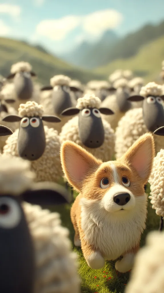 A fluffy corgi puppy stands amidst a large flock of sheep in a lush green field.  The sheep are mostly white with black faces, and they surround the corgi, creating a visually appealing contrast. The background features rolling hills under a bright, sunny sky, suggesting a pastoral setting. The image is rendered in a charming, cartoonish style.
