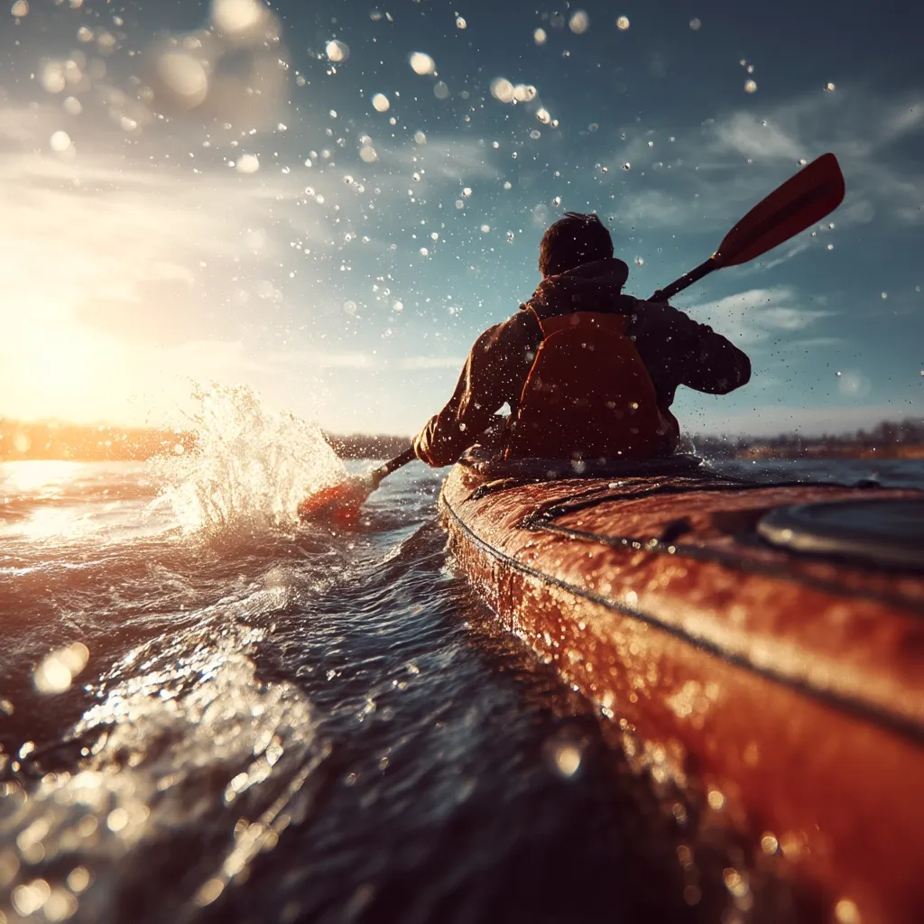 A lone kayaker paddles across a sun-dappled lake, water splashing around their orange kayak.  The setting sun casts a warm glow on the scene.  The kayaker is silhouetted against the bright sky, their focus entirely on the journey. Water droplets spray from their paddle, creating a dynamic image of outdoor adventure and solitude.