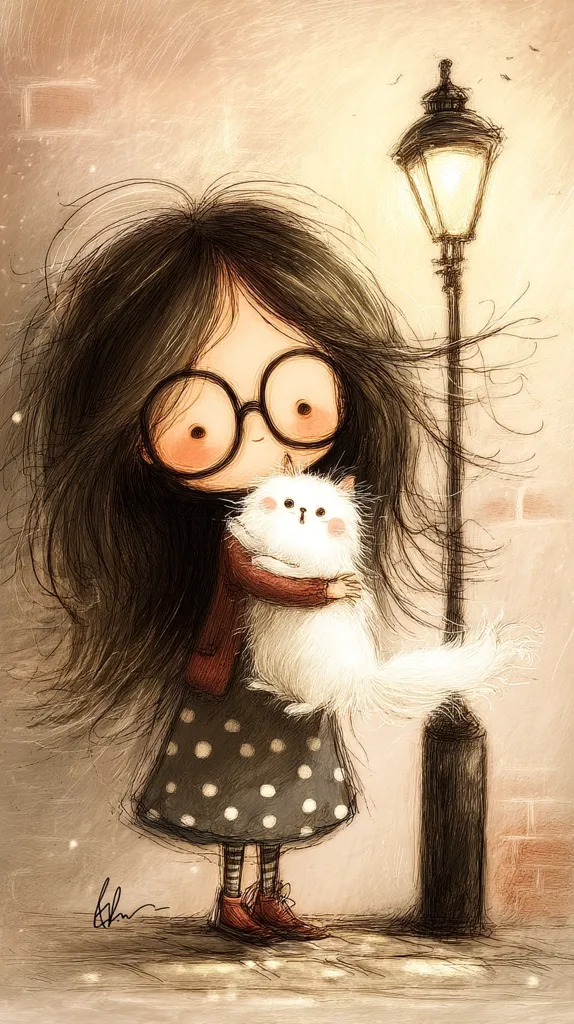 A whimsical illustration depicts a girl with long dark hair and glasses, tightly hugging a fluffy white cat. She wears a polka-dotted dress and red shoes.  A glowing lamppost stands beside them, casting a soft light on the scene, set against a textured background suggesting a city street. The style is childlike yet detailed, with a soft, dreamy atmosphere.