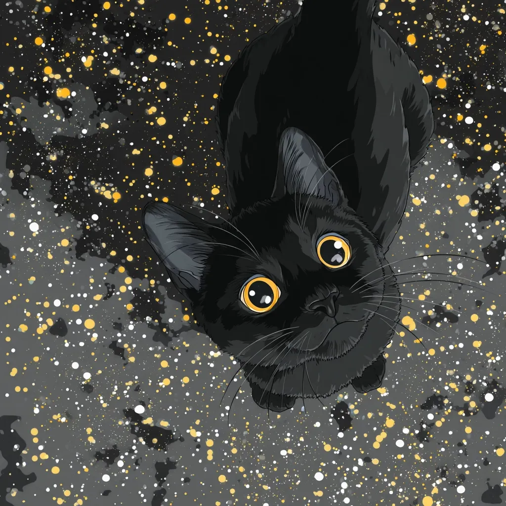 A stylized illustration depicts a black cat looking up from a low angle.  Its large, golden eyes are prominent against its dark fur. The background is a cosmic-inspired design with a dark grey base speckled with white and gold, resembling a starry night sky. The cat's pose and the background create a whimsical, almost otherworldly feel.