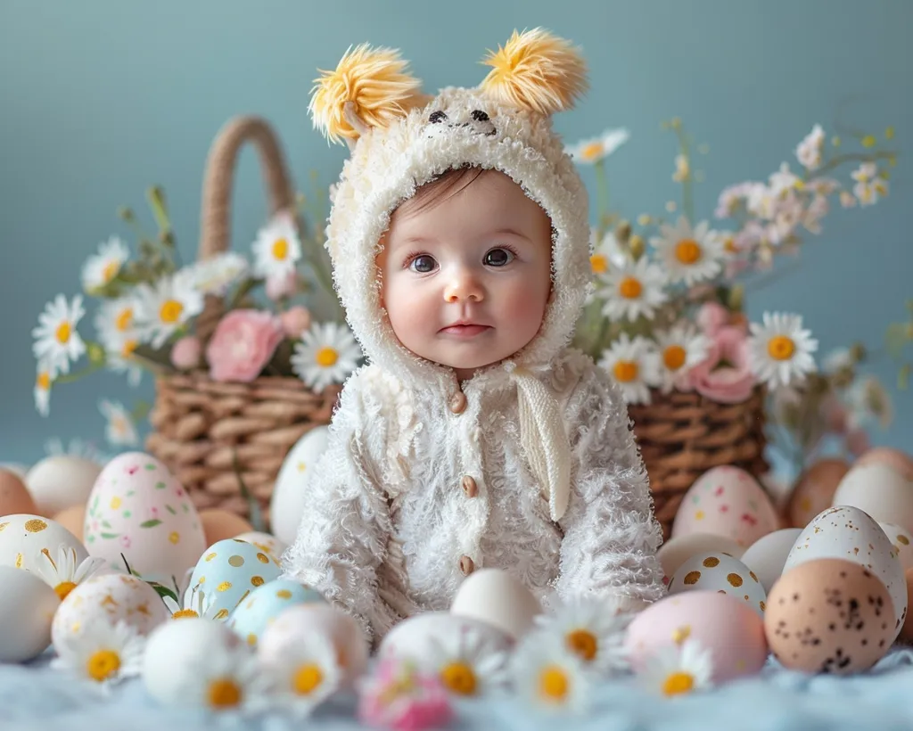 An adorable baby, dressed in a fluffy white bunny outfit, sits amidst a collection of pastel Easter eggs and a wicker basket overflowing with daisies.  The baby's expressive eyes and sweet expression are captivating. The soft, light blue background enhances the overall pastel color scheme, creating a charming Easter-themed portrait.