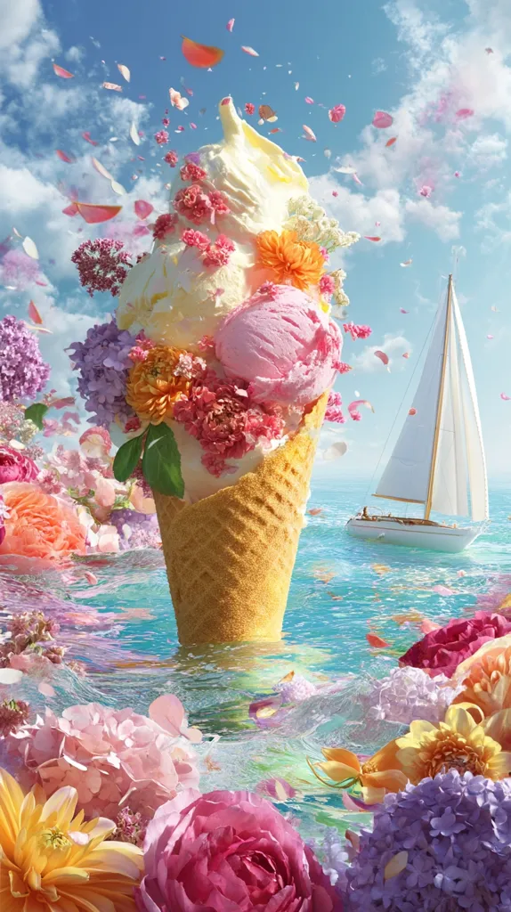 A whimsical image depicts a large ice cream cone overflowing with scoops of vanilla and strawberry ice cream, adorned with vibrant flowers.  Petals drift in the air as the cone, seemingly afloat, rests in a bed of colorful blooms on a tranquil ocean. A sailboat sails peacefully in the background under a bright blue sky. The scene is surreal and dreamlike, evoking a feeling of summer joy and fantasy.