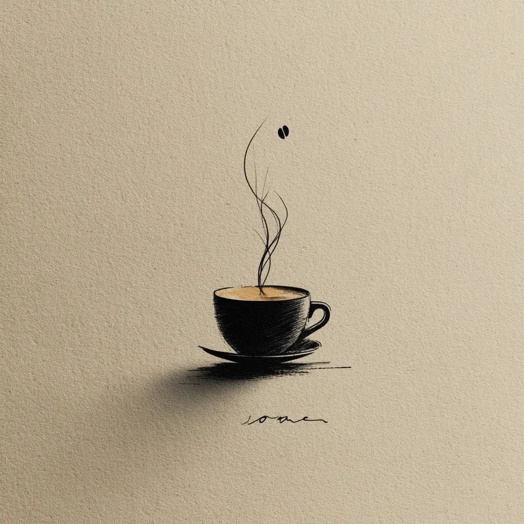 A minimalist sketch depicts a steaming cup of coffee on a saucer.  Two coffee beans float above, adding a touch of whimsy. The style is simple, almost childlike, yet elegant.  The word "love" is subtly inscribed beneath, implying warmth and affection associated with the comforting beverage. The overall image evokes feelings of calm and simple pleasures.