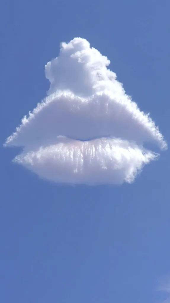 A fluffy white cumulus cloud formation in a clear blue sky strikingly resembles a pair of lips. The cloud's shape is naturally formed, creating a whimsical and surreal image. The contrast between the cloud's soft texture and the vastness of the sky enhances the visual impact, making it a captivating natural phenomenon.  The overall impression is one of playful beauty and unexpected artistry.